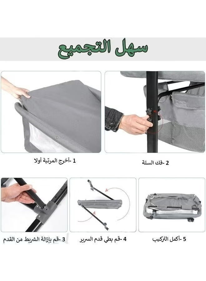 KIDZ ERA Baby Bassinet, 3 in 1 Bassinets Bedside Sleeper, Adjustable Height Bedside Sleeper , Breathable Mesh, Storage Basket, Wheels, Easy Assemble & Folding (Gray) - Image 3